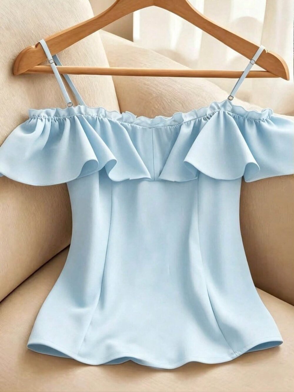 Blue Casual Women's Ruffle Trim Off-Shoulder Single-Breasted Blouse - Picture 2 of 3